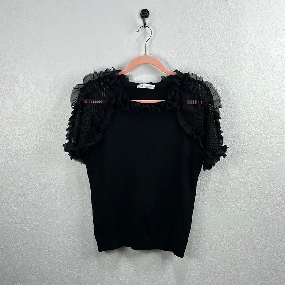 Sioni Mesh Ruffle Short Sleeve Blouse Top Black Size M Whimsigoth Gothic TC0707